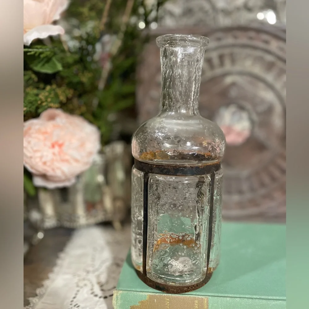 Vintage Pulegoso clear bubble Glass bottle Rustic metal French country cottage